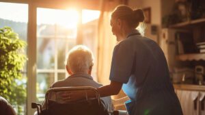 Care staff assisting elderly residents in a bright, comfortable common room.