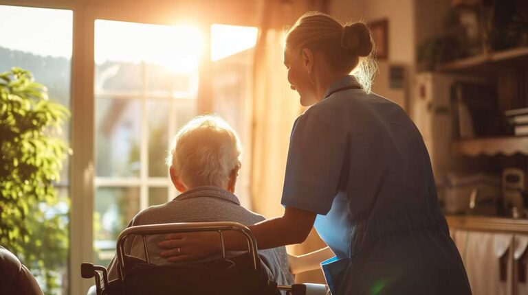 Care staff assisting elderly residents in a bright, comfortable common room.